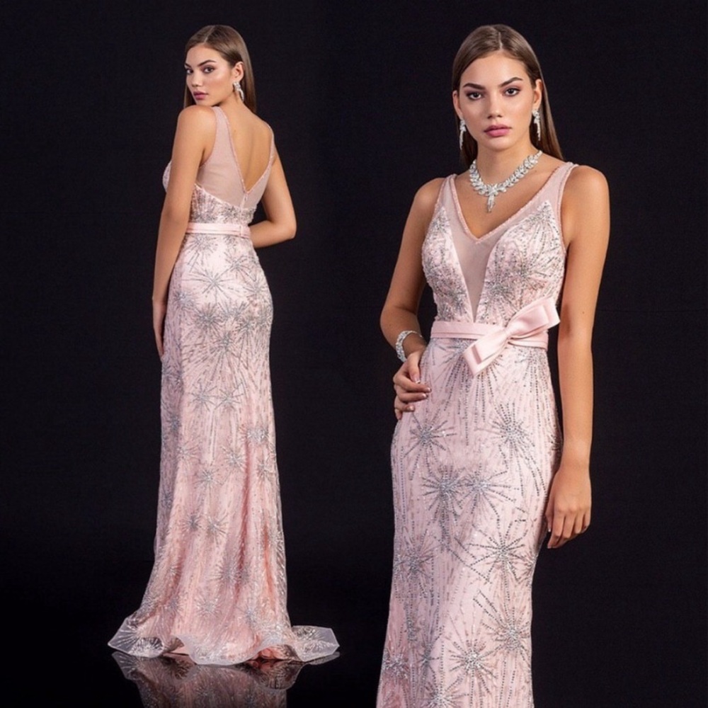 Impero Couture Gown size 6 (M) pink beads top, fishtail dress